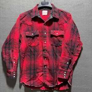 Saddle King Western Pearl Snap Flannel Shirt Men's M Red Plaid Thick Long Sleeve
